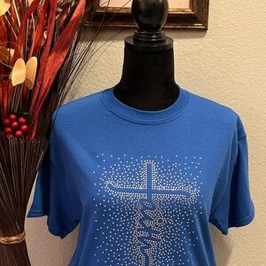 ✨ Unisex Blue Rhinestone Cross T-Shirt | Faith-Inspired Crew Neck Tee ✨